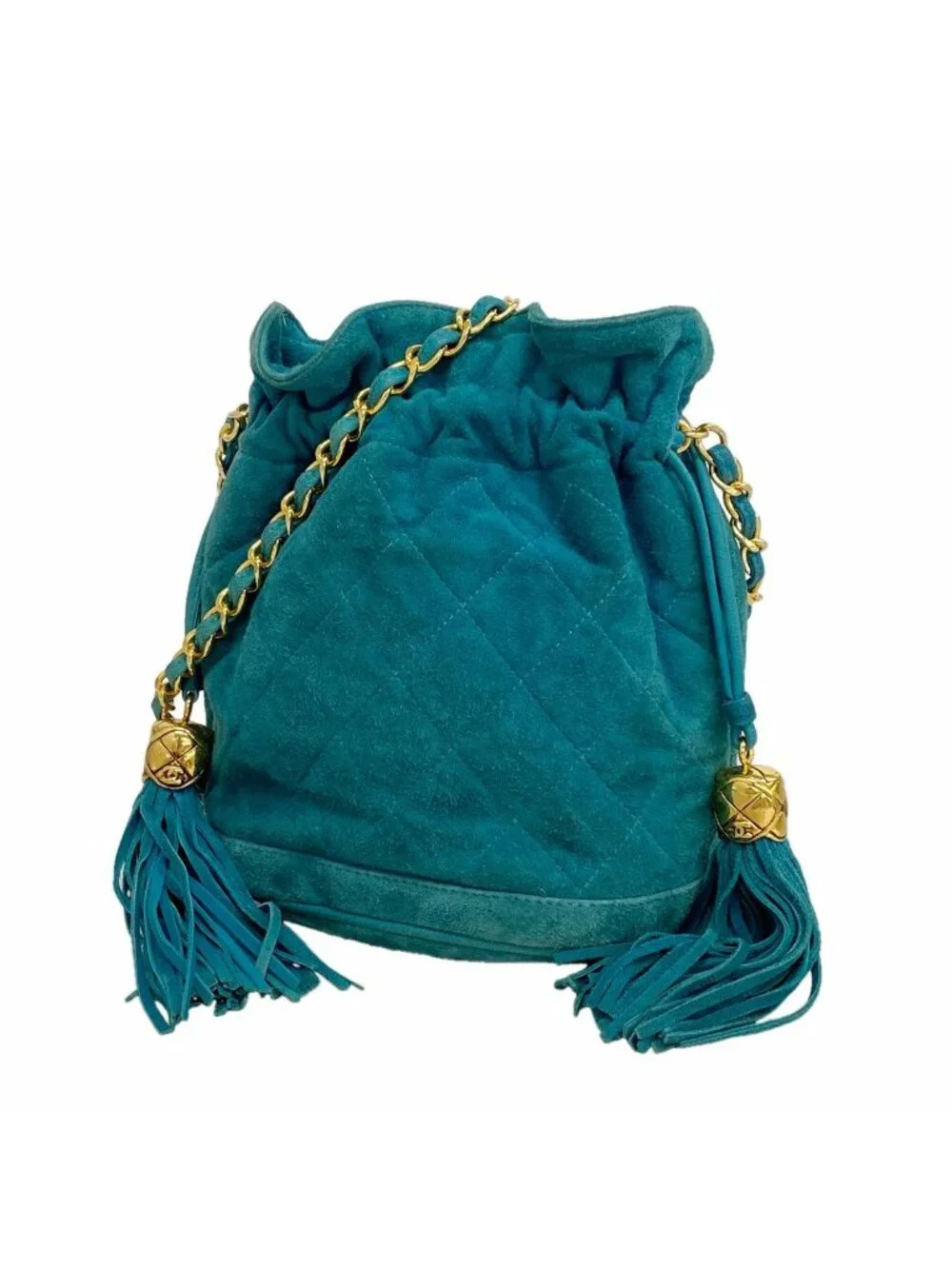 Chanel Shoulder Bag Quilted Suede Turquoise Blue Gold